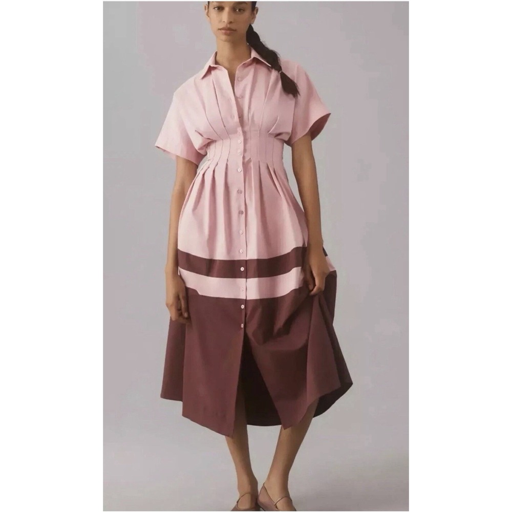 NWOT Anthropologie Exquise Tobie Button-Front Pleated Midi Shirt Dress Size M